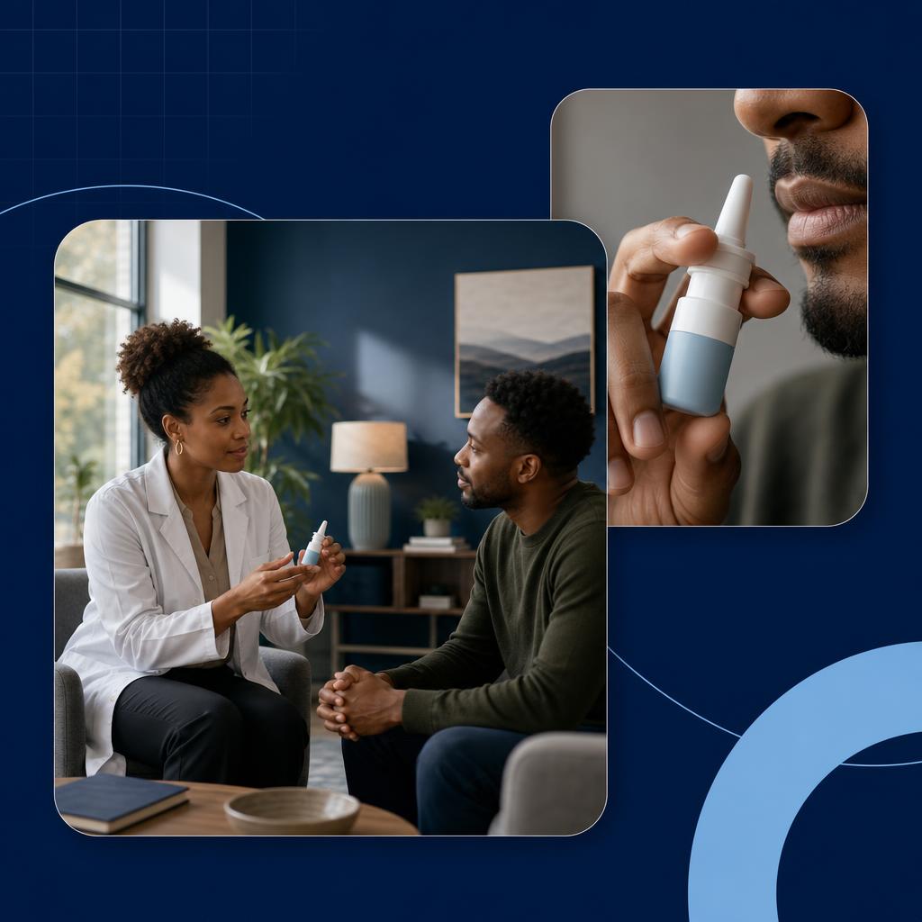 Representative image of a clinician explaining a nasal-spray treatment during a calm consultation