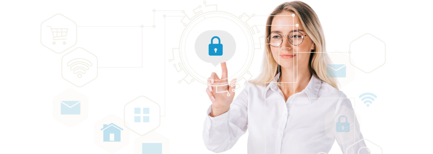 portrait of smiling woman in formal wear pointing at cyber security sign